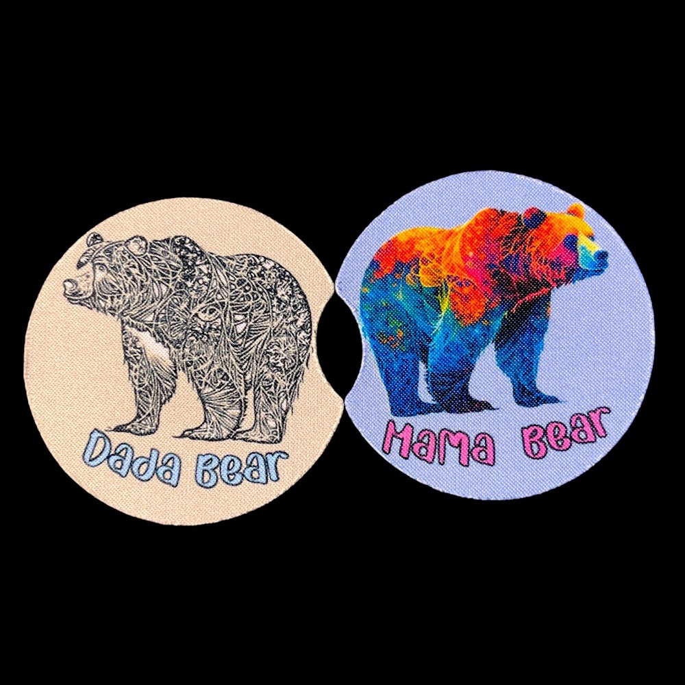 Mama, Dada Bear Car Coaster set infused ink on neoprene